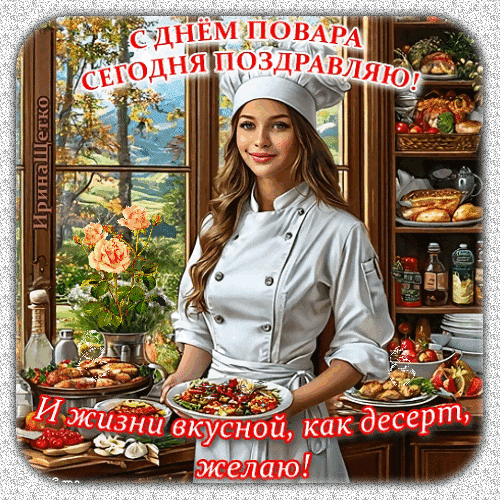 Поздравительная открытка к Дню повара с текстом: «С Днем повара! И жизни вкусной, как десерт, желаю!». Красивое изображение девушки-повара в уютной кухне. Анимированная открытка День повара Красивая поздравительная открытка к Дню повара. На изображении молодая девушка-повар в белом кителе и колпаке с аппетитным блюдом в руках. На фоне — уютная кухня с видом на осенний пейзаж через окно, полки с разнообразными продуктами, выпечкой и специями. В тексте на русском языке написано: «С ДНЕМ ПОВАРА СЕГОДНЯ ПОЗДРАВЛЯЮ! И жизни вкусной, как десерт, желаю!»
