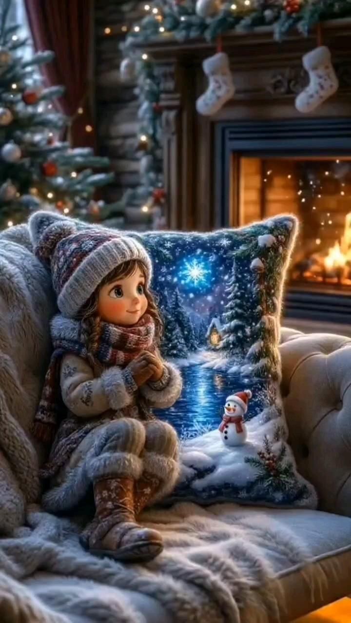 Открытка с Рождеством Христовым. Vánoce a doll sitting on top of a couch next to a christmas tree