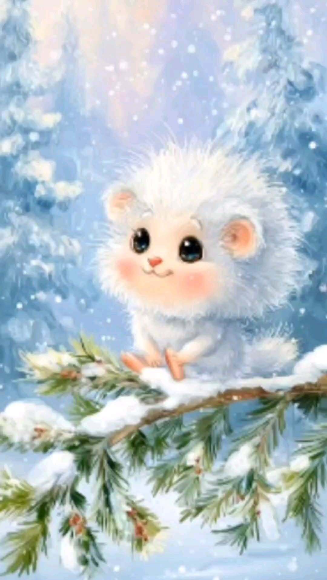 Открытка на Зиму. a painting of a hedge sitting on top of a tree branch with snow falling all around