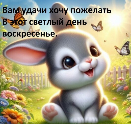 Милая открытка с кроликом и бабочками. Надпись: «Вам удачи хочу пожелать в этот светлый день воскресеньенье». Позитивное пожелание на воскресенье. Открытка Вам удачи хочу пожелать в этот светлый день воскресенье. Милая и яркая открытка с изображением очаровательного маленького кролика в цветущем саду. На фоне солнечного дня, среди цветов и порхающих бабочек, расположена надпись на русском языке: «Вам удачи хочу пожелать в этот светлый день воскресеньенье»