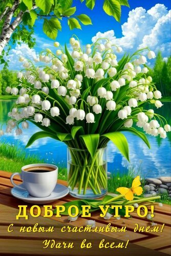 Открытка «Доброе утро!» с букетом ландышей и чашкой кофе на фоне весеннего пейзажа. Пожелание счастья и удачи в новый день. Открытка Доброе утро! С новым счастливым днем! Удачи во всем! Красивая поздравительная открытка к утру с пышным букетом нежных ландышей в стеклянной вазе. На переднем плане стоит чашка горячего кофе на деревянном столе. Фон дополнен живописным пейзажем с голубым озером, зелеными деревьями и ярким солнечным небом. В нижней части изображения расположена золотистая надпись на русском языке: «ДОБРОЕ УТРО! С новым счастливым днем! Удачи во всем!»