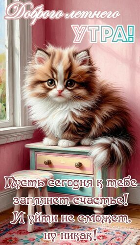 Милая открытка «Доброго летнего утра!» с пушистым котенком. Пожелание счастья для близких и друзей. Отличное летнее настроение в одной картинке! Открытка Доброго летнего утра. Милая и трогательная открытка с пушистым рыже-белым котенком для пожелания доброго летнего утра. На изображении очаровательный котенок сидит на декоративном столике на фоне окна. Текст на русском языке гласит: «Доброго летнего утра! Пусть сегодня к тебе заглянет счастье! И уйти не сможет, ну никак!» Милая открытка «Доброго летнего утра!» с пушистым котенком. Пожелание счастья для близких и друзей. Отличное летнее настроение в одной картинке! Открытка Доброго летнего утра. Милая и трогательная открытка с пушистым рыже-белым котенком для пожелания доброго летнего утра. На изображении очаровательный котенок сидит на декоративном столике на фоне окна. Текст на русском языке гласит: «Доброго летнего утра! Пусть сегодня к тебе заглянет счастье! И уйти не сможет, ну никак!»