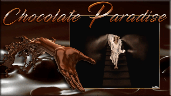Сюрреалистичное изображение «Chocolate Paradise»: брызги густого шоколада и загадочная женская фигура в светлом платье. Концептуальный фуд-арт. Анимированная открытка Шоколадный рай Атмосферное и сюрреалистичное изображение, посвященное теме «Шоколадного рая» (Chocolate Paradise). На переднем плане представлена динамичная композиция: рука, словно выходящая из потока густого, глянцевого шоколада, который эффектно разлетается брызгами. В центральной части кадра, в темном прямоугольном окне, изображена загадочная женская фигура в светлом летящем платье, идущая по темному коридору или ступеням, что создает эффект мистического перехода