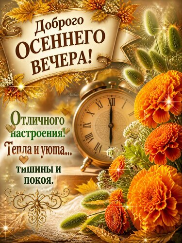 Красивая осенняя открытка с бархатцами и часами. Надпись: «Доброго осеннего вечера! Отличного настроения! Тепла и уюта... Тишины и покоя». Теплая осенняя атмосфера. Открытка Доброго осеннего вечера Эстетичная осенняя открытка с уютной атмосферой. На изображении представлены яркие оранжевые бархатцы, колосья и классические антикварные часы на фоне золотистой осенней листвы. В верхней части расположена изящная лента с теплой надписью на русском языке: «Доброго осеннего вечера! Отличного настроения! Тепла и уюта... Тишины и покоя». Изображение наполнено мягким свечением, мерцающими искрами и теплыми золотистыми оттенками, создающими чувство спокойствия и осеннего уюта
