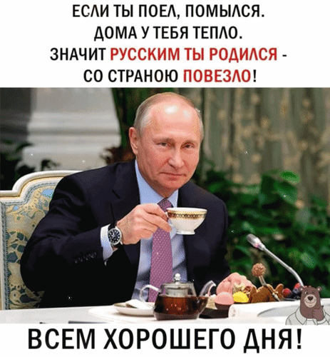 Мем с Владимиром Путиным и ироничным текстом о простых жизненных благах и патриотизме. Популярная картинка для поднятия настроения и шуток. Анимированная открытка Всем хорошего дня! Если ты поел, помылся. Дома у тебя тепло. Значит, русским ты родился - со страною Мем с изображением Владимира Путина, который сидит за столом с чашкой чая и улыбается. На картинке размещен ироничный текст на русском языке: «Если ты поел, помылся. Дома у тебя тепло. Значит русским ты родился — со страною повезло! Всем хорошего дня!»