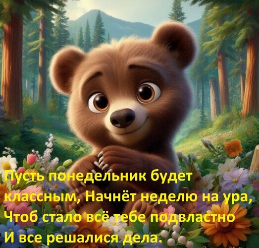 Милый медвежонок с пожеланием классного понедельника. Позитивная картинка для мотивации и хорошего настроения в начале недели. Открытка Пусть понедельник будет классным, начнет неделю на ура. Милое и позитивное изображение мультяшного медвежонка в лесу с вдохновляющей цитатой на русском языке. На картинке изображен очаровательный коричневый медведь с большими выразительными глазами, окруженный цветами и деревьями. Текст гласит: 