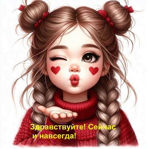 Милая девочка с сердечками на щеках и подмигиванием. Иллюстрация с надписью «Здравствуйте! Сейчас и навсегда!». Идеально для открыток и поздравлений. Открытка Здравствуйте! Сейчас и навсегда! Милая цифровая иллюстрация в стиле чиби, изображающая девочку с каштановыми волосами, уложенными в два пучка и косы. У персонажа очаровательный вид: один глаз подмигивает, на щеках нарисованы красные сердечки, а губы сложены «бантиком». Девочка одета в уютный красный свитер с высоким горлом. На переднем плане наложен текст на русском языке: «Здравствуйте! Сейчас и навсегда!»