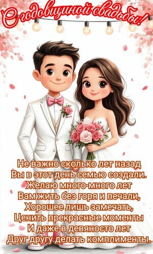 Трогательная открытка к годовщине свадьбы с мультяшной парой, букетом роз и теплыми пожеланиями счастья и долголетия семье. Открытка С годовщиной свадьбы. Не важно сколько лет назад вы в этот день семью создали Иллюстрация в мультяшном стиле, посвященная годовщине свадьбы. На картинке изображена молодая пара: жених в элегантном белом костюме с розовой бабочкой и невеста в изысканном белом свадебном платье с букетом розовых роз. Фон украшен нежными розовыми лепестками и декоративными гирляндами из лампочек. На изображении размещен трогательный текст на русском языке с пожеланиями долгой и счастливой семейной жизни