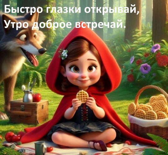 Милая Красная Шапочка и добрый волк на завтраке в лесу. Сказочная иллюстрация с пожеланием доброго утра для соцсетей и открыток. Открытка Быстро глазки открывай, утро доброе встречай. Иллюстрация в стиле современной 3D-анимации, изображающая милую девочку в красном плаще (Красная Шапочка), сидящую на лесной поляне. Девочка с улыбкой держит в руках вафлю и наслаждается завтраком на пикнике. Рядом с ней стоит дружелюбный серый волк с добрым взглядом, корзина с вафлями и деревянный сундучок. На фоне — живописный сказочный лес с цветами и солнечным светом. На изображении нанесен текст на русском языке: «Быстро глазки открывай, Утро доброе встречай»