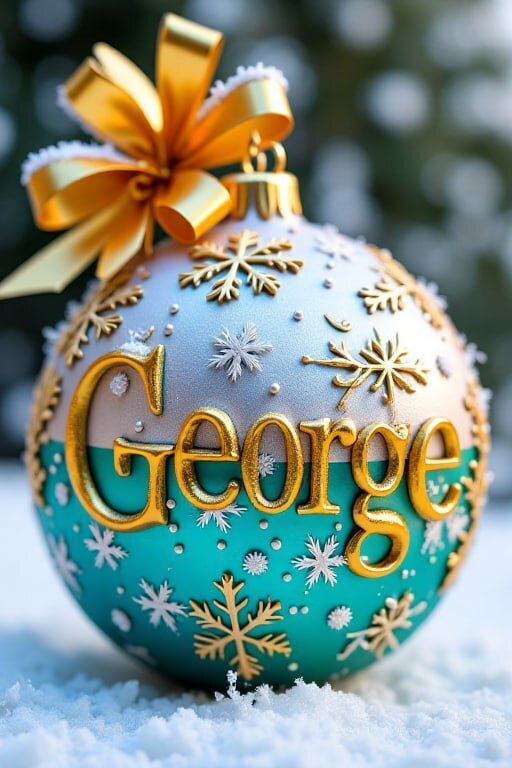 Персонализированный новогодний шар с именем George. Золотые снежинки, бирюзовый декор и праздничный бант на фоне снега. Идеальное рождественское украшение! Открытка Шар для Георгия Красивый праздничный елочный шар в бирюзово-золотых тонах с персонализированной надписью George. Декор украшен изящными золотыми снежинками и блестящим бантом. Идеальный вариант для создания индивидуального новогоднего уюта и создания уникальных подарков
