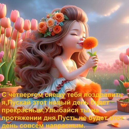 Милая 3D-иллюстрация девочки с цветами и поздравлением с четвергом. Красивая открытка для пожелания доброго и прекрасного дня в соцсетях. Открытка С четвергом спешу тебя поздравить я, Пускай этот новый день будет прекрасным, Улыбайся ты на протяже Цифровая иллюстрация в стиле 3D-анимации, изображающая милую маленькую девочку с пышными каштановыми волосами, украшенными оранжевыми розами. Девочка с закрытыми глазами нежно вдыхает аромат оранжевого цветка. Фон наполнен нежными розовыми тюльпанами под мягким закатным небом, создавая атмосферу тепла, уюта и радости. На изображении присутствует поздравительный текст на русском языке, посвященный четвергу