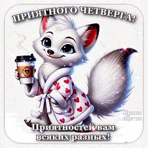 Милая открытка с лисенком в халате и кофе. Пожелание приятного четверга и всяких разных приятностей. Яркая картинка для настроения! Анимированная открытка Приятного четверга! Милая и яркая открытка с изображением очаровательного белого лисенка в розовом халате с сердечками. Лисенок держит в лапках чашку горячего кофе, от которой идет пар. На картинке размещен праздничный текст на русском языке: «ПРИЯТНОГО ЧЕТВЕРГА!» сверху и «Приятностей вам всяких разных!» снизу. Изображение украшено сверкающими блестками и эффектом мерцания, создавая уютное и позитивное настроение