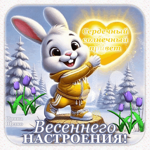 Милая открытка с кроликом: «Сердечный солнечный привет! Весеннего настроения!». Яркая картинка для поздравлений и поднятия настроения. Анимированная открытка Весеннего настроения! Милая и яркая поздравительная открытка с изображением мультяшного белого кролика в желтом костюмчике. Кролик радостно машет лапкой на фоне заснеженного леса с фиолетовыми тюльпанами. В центре композиции — сияющее золотое сердце с надписью «Сердечный солнечный привет». В нижней части картинки расположен вдохновляющий текст: «Весеннего настроения!»