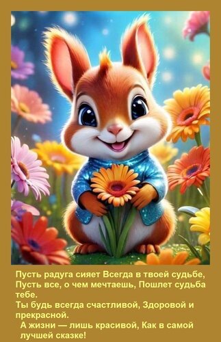 Милая открытка с мультяшным зверьком и цветами. Трогательное пожелание счастья, здоровья и исполнения мечт. Идеально для поздравлений и соцсетей. Открытка Пусть радуга сияет Всегда в твоей судьбе, Пусть все, о чем мечтаешь, Пошлет судьба тебе. Ты будь все Милая и яркая цифровая иллюстрация с изображением очаровательного мультяшного зверька (белки или кролика) в синей кофточке, держащего цветок. Фон украшен пышными разноцветными цветами под солнечным светом. Изображение дополнено трогательным пожеланием счастья, здоровья и исполнения желаний на русском языке
