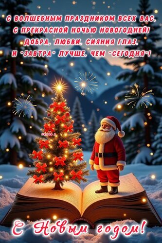 Красочная новогодняя открытка с Санта-Клаусом, украшенной елкой на раскрытой книге. Сказочный зимний пейзаж с фейерверками и теплыми пожеланиями. Открытка С Новым годом! С волшебным праздником всех вас, с прекрасной ночью новогодней! Праздничная цифровая открытка к Новому году в сказочном стиле. На изображении заснеженная елка, украшенная красными бантами и светящимися гирляндами, стоит на раскрытой книге. Рядом с елкой находится очаровательный Санта-Клаус. На фоне — зимний лес, горы под звездным небом и праздничные фейерверки. Вверху расположена душевная надпись на русском языке с пожеланиями добра, любви и светлого будущего, а внизу — приветствие С Новым годом!