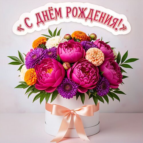 Пышный букет пионов и георгинов в белой подарочной коробке с надписью «С днем рождения!». Идеальный праздничный подарок с доставкой. Открытка С днем рождения! Красивый и пышный букет из нежных пионов, ярких георгинов и разноцветных цветов в элегантной белой подарочной коробке с атласным бантом. Композиция украшена поздравительной надписью «С ДНЕМ РОЖДЕНИЯ!». Идеальный вариант для праздничного подарка, доставки цветов на день рождения и создания праздничного настроения