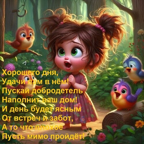 Милая открытка с девочкой и птичками. Пожелание доброго дня, удачи и благополучия в доме. Красочное изображение для хорошего настроения! Открытка Хорошего дня, удачи вам в нем! Пускай добродетель наполнит ваш дом! И день будет ясным от встреч... Милая и яркая открытка с мультяшной девочкой и птичками для пожелания доброго дня. На изображении изображена очаровательная малышка с большими глазами в окружении маленьких птиц в сказочном лесу. Текст на русском языке содержит добрые пожелания удачи, благополучия в доме и светлого дня, призывая оставлять все плохое в прошлом