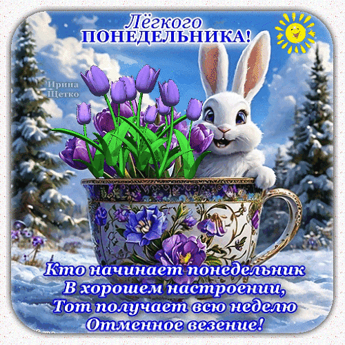 Открытка «Легкого понедельника!» с милым кроликом, тюльпанами и зимним пейзажем. Пожелание отличного настроения и удачи на всю неделю для близких и друзей. Анимированная открытка Легкого понедельника! Красочная праздничная открытка для пожелания легкого понедельника. На изображении милый белый кролик с большими глазами, выглядывающий из большой декоративной чашки с фиолетовыми тюльпанами. Фон представляет собой живописный зимний пейзаж с заснеженными елями и ярким улыбающимся солнцем. На картинке размещен вдохновляющий текст на русском языке: «Легкого ПОНЕДЕЛЬНИКА! Кто начинает понедельник в хорошем настроении, тот получает всю неделю Отменное везение!»