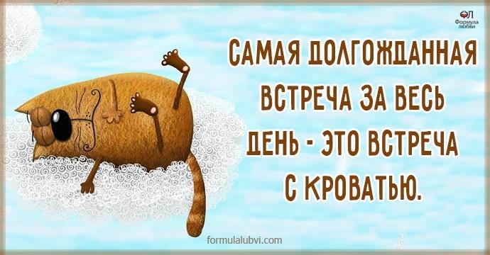 Смешная картинка с котом и надписью: «Самая долгожданная встреча за весь день — это встреча с кроватью». Юмор про сон, усталость и желание отдохнуть. Открытка Самая долгожданная встреча за весь день-это встреча с кроватью. Забавный юмористический мем с мультяшным котом, лежащим на спине, и мотивирующей (или ироничной) надписью на русском языке: «Самая долгожданная встреча за весь день — это встреча с кроватью». Иллюстрация выполнена в светлых тонах, идеально подходит для публикации в соцсетях, использования в качестве жизненной цитаты или прикола про усталость и желание поспать