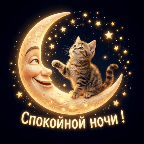 Милый котенок на улыбающемся полумесяце под звездным небом. Красивая картинка-открытка с надписью «Спокойной ночи!» для добрых пожеланий. Анимированная открытка Спокойной ночи! Милая и уютная цифровая иллюстрация для пожелания спокойной ночи. На изображении запечатлен очаровательный маленький полосатый котенок, сидящий на светящемся золотистом полумесяце с антропоморфным дружелюбным лицом. Котенок с любопытством смотрит вверх на мерцающие звезды, окружающие луну. Фон глубокого черного цвета подчеркивает магическое сияние звездного неба и теплый свет луны. В нижней части картинки расположена красивая надпись на русском языке «Спокойной ночи!» Милый котенок на улыбающемся полумесяце под звездным небом. Красивая картинка-открытка с надписью «Спокойной ночи!» для добрых пожеланий. Анимированная открытка Спокойной ночи! Милая и уютная цифровая иллюстрация для пожелания спокойной ночи. На изображении запечатлен очаровательный маленький полосатый котенок, сидящий на светящемся золотистом полумесяце с антропоморфным дружелюбным лицом. Котенок с любопытством смотрит вверх на мерцающие звезды, окружающие луну. Фон глубокого черного цвета подчеркивает магическое сияние звездного неба и теплый свет луны. В нижней части картинки расположена красивая надпись на русском языке «Спокойной ночи!»