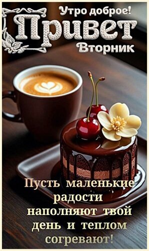 Доброе утро! Привет, вторник! Уютное фото с кофе и шоколадным десертом и теплое пожелание хорошего дня для ваших друзей и близких. Открытка Доброе утро! Привет, вторник! На картинке представлено уютное и аппетитное утреннее фото: чашка горячего капучино с латте-артом и изысканный шоколадный десерт с вишней и цветком. На изображении размещен праздничный текст на русском языке: «Утро доброе! Привет, Вторник. Пусть маленькие радости наполняют твой день и теплом согревают!»