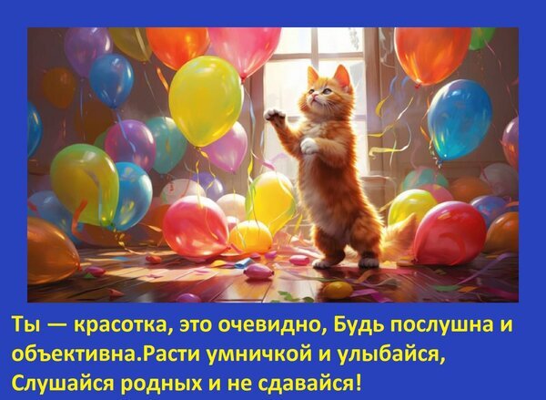 Милый рыжий котенок с воздушными шарами и мотивирующей надписью для девочек: «Ты — красотка, расти умничкой и не сдавайся!» Открытка Ты — красотка, это очевидно, Будь послушна и объективна. Расти умничкой и улыбайся, Слушайся родных Милое и вдохновляющее изображение рыжего котенка, празднующего радостный момент среди множества разноцветных воздушных шаров. На картинке представлен теплый, праздничный фон с летающим конфетти и мягким освещением, создающим атмосферу счастья. В нижней части изображения расположена мотивирующая текстовая цитата на русском языке, обращенная к девочке: «Ты — красотка, это очевидно. Будь послушна и объективна. Расти умничкой и улыбайся, слушайся родных и не сдавайся!» Милый рыжий котенок с воздушными шарами и мотивирующей надписью для девочек: «Ты — красотка, расти умничкой и не сдавайся!» Открытка Ты — красотка, это очевидно, Будь послушна и объективна. Расти умничкой и улыбайся, Слушайся родных Милое и вдохновляющее изображение рыжего котенка, празднующего радостный момент среди множества разноцветных воздушных шаров. На картинке представлен теплый, праздничный фон с летающим конфетти и мягким освещением, создающим атмосферу счастья. В нижней части изображения расположена мотивирующая текстовая цитата на русском языке, обращенная к девочке: «Ты — красотка, это очевидно. Будь послушна и объективна. Расти умничкой и улыбайся, слушайся родных и не сдавайся!»