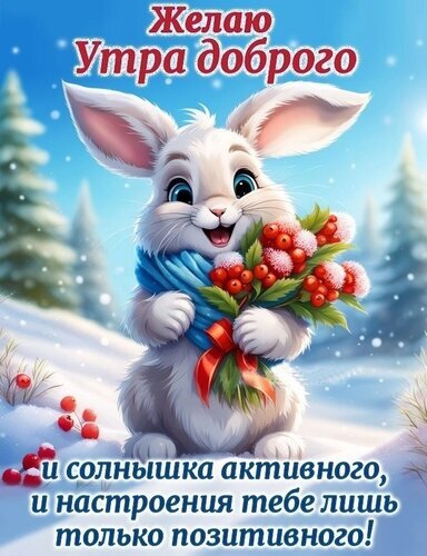 Милая открытка: белый кролик с ягодами желает доброго утра, активного солнышка и только позитивного настроения! Идеально для доброго утра. Открытка Желаю Утра доброго и солнышка активного, и настроения тебе лишь только позитивного! Милая и яркая поздравительная открытка с изображением пушистого белого кролика в зимнем пейзаже. Кролик держит букет красных ягод, создавая атмосферу уюта и радости. На картинке расположен текст на русском языке: «Желаю Утра доброго и солнышка активного, и настроения тебе лишь только позитивного!» Милая открытка: белый кролик с ягодами желает доброго утра, активного солнышка и только позитивного настроения! Идеально для доброго утра. Открытка Желаю Утра доброго и солнышка активного, и настроения тебе лишь только позитивного! Милая и яркая поздравительная открытка с изображением пушистого белого кролика в зимнем пейзаже. Кролик держит букет красных ягод, создавая атмосферу уюта и радости. На картинке расположен текст на русском языке: «Желаю Утра доброго и солнышка активного, и настроения тебе лишь только позитивного!»