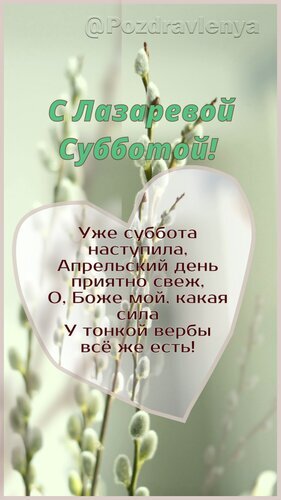 Поздравления с Лазаревой субботой: нежная открытка с веточками вербы и красивым стихотворением для близких. С праздником! Открытка Лазарева Суббота Открытка к Лазаревой субботе с изображением нежных веток вербы на светлом фоне. На картинке размещен поздравительный текст в стихотворной форме: «Уже суббота наступила, Апрельский день приятно свеж, О, Боже мой, какая У тонкой вербы все же есть!»