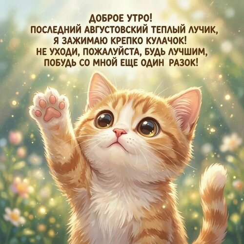 Милая открытка с рыжим котенком на тему «Последний теплый луч августа». Трогательное пожелание доброго утра для создания уютного настроения. Открытка Доброе утро! Милая и трогательная открытка с рыжим котенком, просящим удержать последний теплый луч августа. На картинке изображен очаровательный пушистый котик с большими выразительными глазами, который тянет лапку вверх. Текст на русском языке: «Доброе утро! Последний августовский теплый лучик, я зажимаю крепко кулачок! Не уходи, пожалуйста, будь лучшим, побудь со мной еще один разок!»