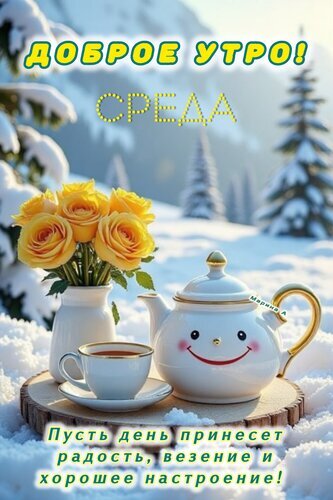 Доброе утро! Открытка на среду с желтыми розами, чаем и пожеланием радости и везения на фоне зимнего пейзажа. Красивое пожелание хорошего настроения! Открытка Доброе утро! Среда. Пусть день принесет радость, везение и хорошее настроение! Красивая поздравительная открытка с пожеланием доброго утра в среду. На фоне зимнего заснеженного пейзажа с хвойными деревьями изображен букет нежных желтых роз в вазе, уютный белый чайник с улыбкой и чашка горячего чая на деревянном спиле. Внизу расположена добрая надпись на русском языке: 