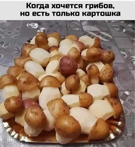 Смешной мем про картошку, похожую на грибы. Текст: «Когда хочется грибов, но есть только картошка». Юмор, еда, забавные картинки. Открытка Когда хочешь грибов а есть только картошка Смешной мем с изображением тарелки с нарезанным сырым картофелем, который по форме и цвету напоминает лесные грибы. Текст на картинке гласит: «Когда хочется грибов, но есть только картошка». Юмористический контент, посвященный кулинарным ожиданиям и забавным сходствам продуктов