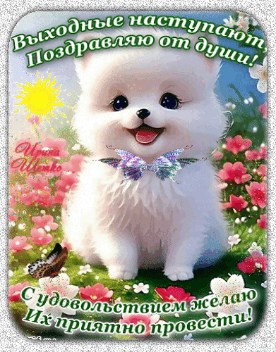 Милая открытка с белым щенком и цветами: Выходные наступают! Поздравляю от души и желаю их приятно провести!. Идеально для поздравления с выходными. Анимированная открытка Выходные наступают, Поздравляю от души! Милая открытка с пушистым белым щенком на фоне весенних цветов и яркого солнца. Изображение содержит поздравительный текст на русском языке: 