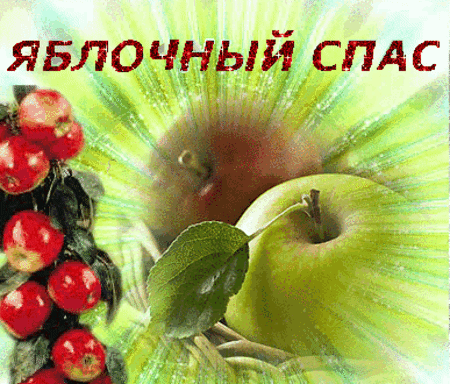 Праздничное изображение к Яблочному Спасу: сочные красные и зеленые яблоки на фоне солнечных лучей с надписью «Яблочный Спас». Анимированная открытка Яблочный Спас Коллаж, посвященный празднику Яблочный Спас. На изображении представлены сочные красные яблоки на ветке и крупное зеленое яблоко на фоне лучистого солнечного света. Теплые, светлые тона создают праздничное и осеннее настроение. Надпись «ЯБЛОЧНЫЙ СПАС» выполнена стилизованным шрифтом, подчеркивая тематику православного праздника освящения плодов