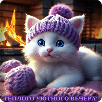 Милый белый котенок в фиолетовой шапочке у камина. Картинка с надписью «Теплого уютного вечера!» для создания атмосферы тепла и домашнего уюта. Анимированная открытка Добрый вечер! Милое изображение белого котенка с ярко-голубыми глазами, одетого в уютную фиолетовую вязаную шапочку. Котенок лежит рядом с клубками фиолетовой пряжи на мягком фоне. На заднем плане виден теплый свет камина, создающий атмосферу домашнего уюта и спокойствия. На изображении присутствует надпись на русском языке: «ТЕПЛОГО УЮТНОГО ВЕЧЕРА!» Милый белый котенок в фиолетовой шапочке у камина. Картинка с надписью «Теплого уютного вечера!» для создания атмосферы тепла и домашнего уюта. Анимированная открытка Добрый вечер! Милое изображение белого котенка с ярко-голубыми глазами, одетого в уютную фиолетовую вязаную шапочку. Котенок лежит рядом с клубками фиолетовой пряжи на мягком фоне. На заднем плане виден теплый свет камина, создающий атмосферу домашнего уюта и спокойствия. На изображении присутствует надпись на русском языке: «ТЕПЛОГО УЮТНОГО ВЕЧЕРА!»