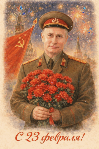 Поздравительная открытка к 23 Февраля: Владимир Путин в военной форме с букетом красных гвоздик на фоне Кремля, красного флага и праздничного салюта. Анимированная открытка С 23 февраля! Поздравительная открытка к 23 Февралю с изображением Владимира Путина в военной форме. На переднем плане — пышный букет красных гвоздик, на заднем плане — красный флаг СССР с серпом и молотом, Кремль и праздничный салют в ночном небе. Изображение выполнено в ретро-стиле с эффектом состаренной бумаги, создавая атмосферу торжественности и ностальгии