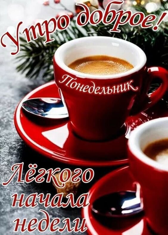 Доброе утро! Красивая открытка с чашкой кофе и пожеланием легкого начала недели. Идеальное поздравление с понедельником для соцсетей и мессенджеров. Открытка Доброе утро Понедельник! Уютная праздничная открытка для доброго утра понедельника. На изображении представлена чашка горячего кофе в ярко-красной керамической чашке с блюдцем, на котором лежит ложка. На фоне видны вечнозеленые ветки хвои, создающие атмосферу уюта. Текст на картинке гласит: «Утро доброе! Понедельник. Легкого начала недели»