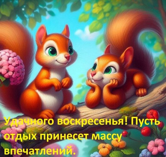 Милая открытка с белками: пожелание удачного воскресенья и отличного отдыха. Яркая мультяшная картинка для поднятия настроения и добрых пожеланий. Открытка Удачного воскресенья! Пусть отдых принесет массу впечатлений. Милая и яркая открытка с двумя очаровательными рыжими белками в мультяшном стиле. Бельчата с большими выразительными глазами сидят на ветке дерева на фоне солнечного леса. На изображении присутствует поздравительная надпись на русском языке: Удачного воскресеньенья! Пусть отдых принесет массу впечатлений. Картинка наполнена солнечным светом, сочными цветами и создает позитивное, доброе и уютное настроение