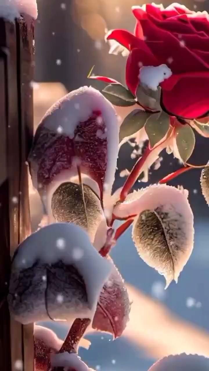 Открытка на Зиму. a rose that is sitting in the snow