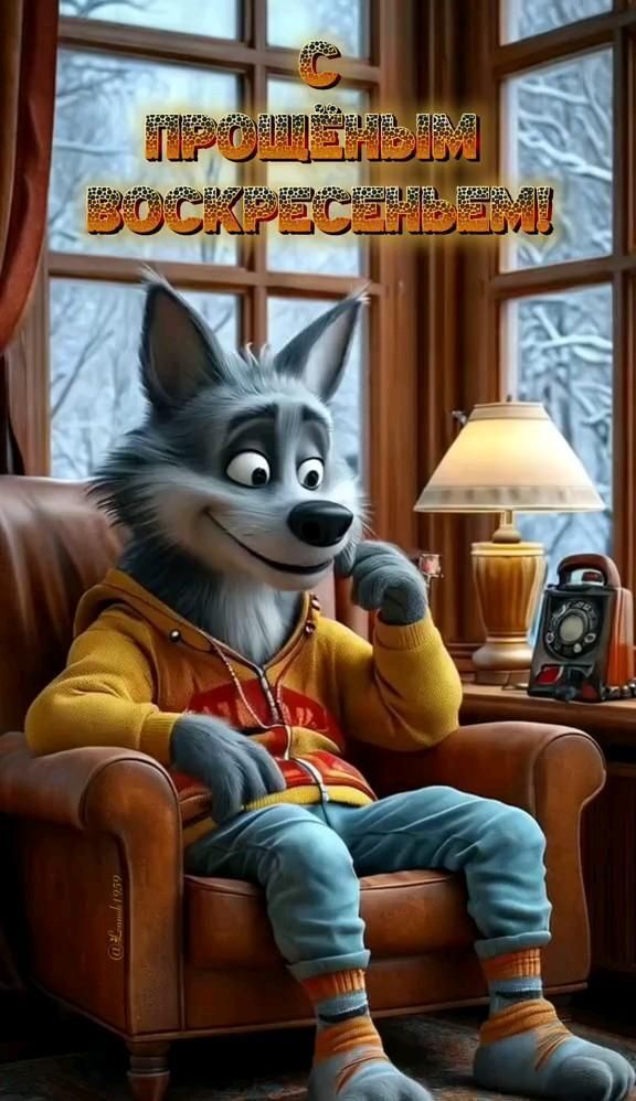 Открытка на Прощеное Воскресенье. a cartoon character is sitting in a chair