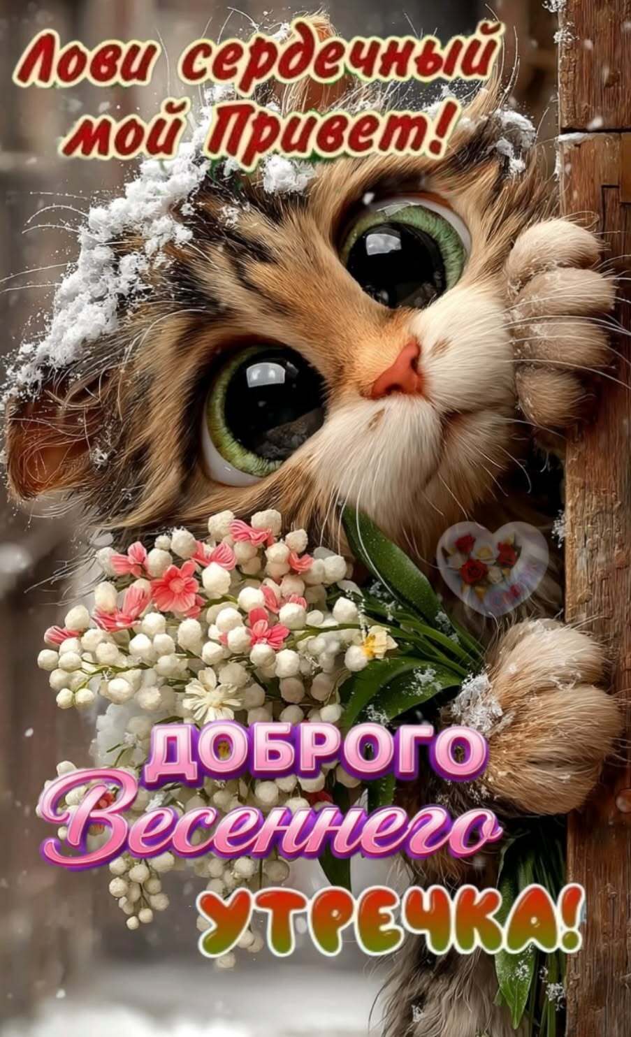Открытка с добрым весенним утром. Лови мой сердечный привет! Кот с цветами.