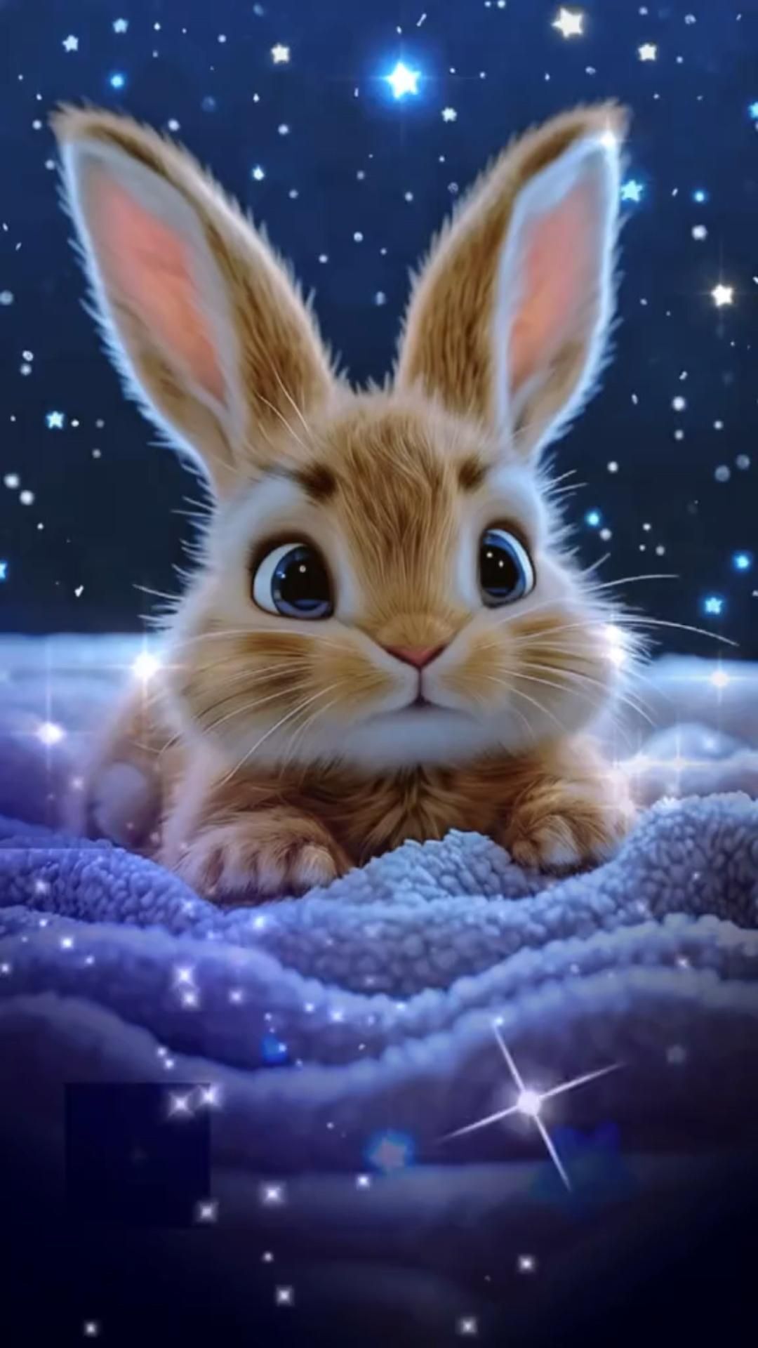 Открытка спокойной ночи. a cute little bunny sitting on top of a blanket under the stars in the night sky Открытка спокойной ночи. a cute little bunny sitting on top of a blanket under the stars in the night sky