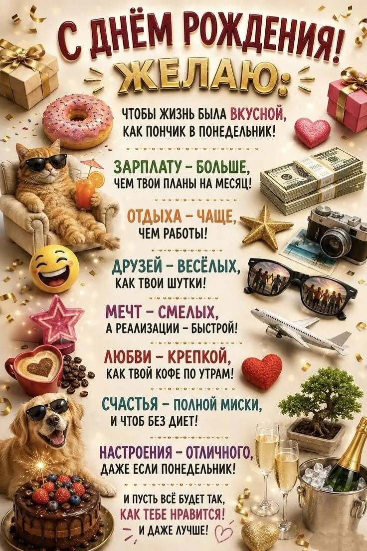 Открытка Прикольные с днем рождения. Много прикольных пожеланий.