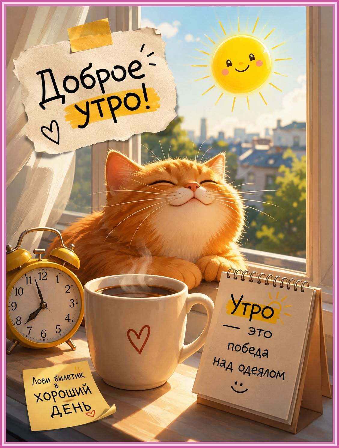 Открытка с добрым утром. Котик у окна, будильник, кофе.
