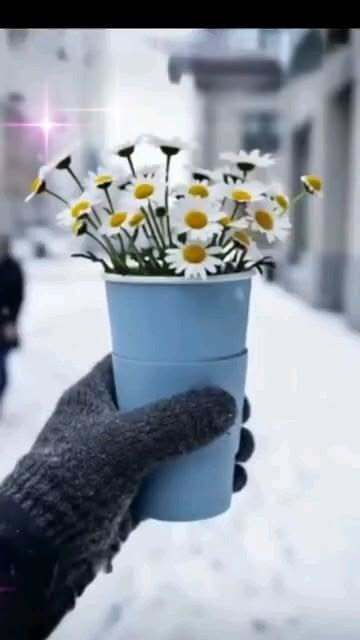 Открытка на Зиму. Доброе утро ☕️ #доброеутро a hand holding a blue cup filled with white and yellow flowers on top of snow covered ground