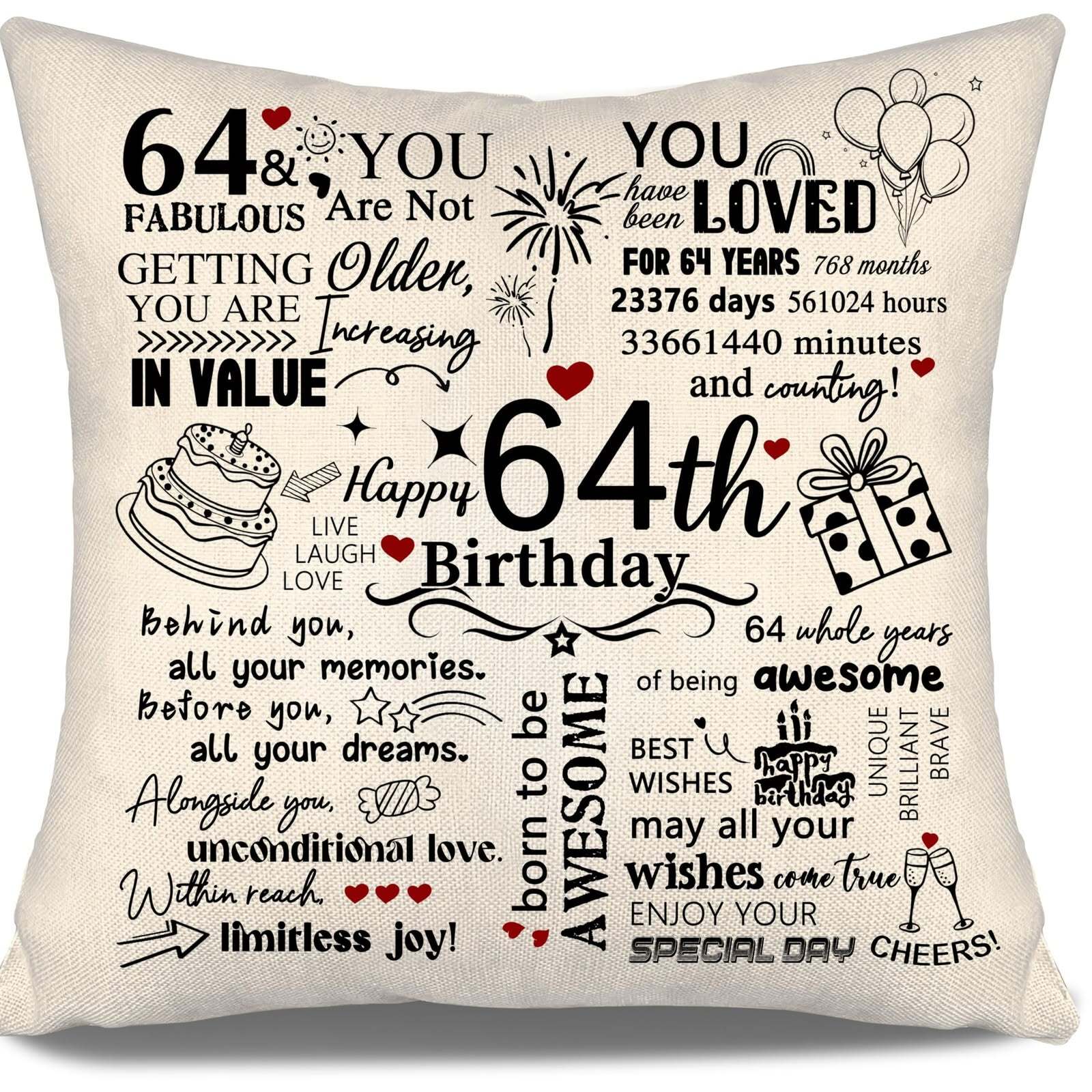 Открытка с днем рождения. 64th Birthday Gifts, Happy 64th Birthday Party Decorations Ideas for Her Him, 64 Years Old Women Men Bday Gifts for Mom Dad Aunt Uncle Grandma Granndpa Sister Cousin Friends Coworkers Wife Husband(64) Description and features 1.Creative Birthday Gift: Th5.: If you have any questions about our products, or not satisfied with the items quality after purchase, please without hesitation, we will solve the problems for you as soon as possible!e text and pattern of our birthday throw pillow covers are carefully designed, we want to create a unique birthday gift for you, full of surprise and love! Suitable for men women girls boys aged from 7-100! A creative birthday present for your family, colleagues, friends and yourself! 2.Inspirational Birthday Gifts:Our throw pillow cover copy is inspiratio 64th Birthday Party Decorations Gifts Happy 64 Years Old Party Supplies a pillow with the words and numbers on it, including birthday gifts for someone special