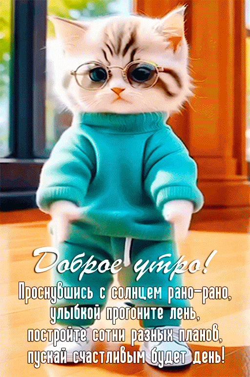 Открытка с добрым утром. a cat with glasses and a sweater on Открытка с добрым утром. a cat with glasses and a sweater on