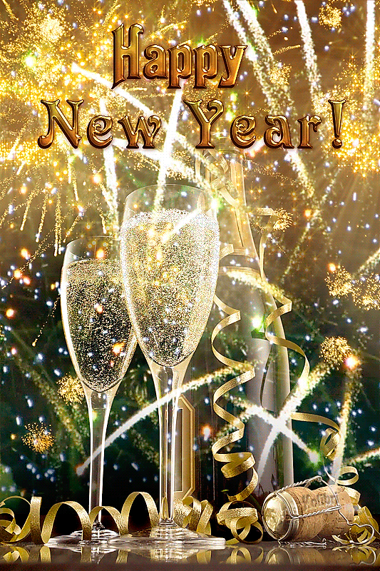 Открытка с Новым годом. Красивая анимация, салюты и шампанское.  Happy New Year!