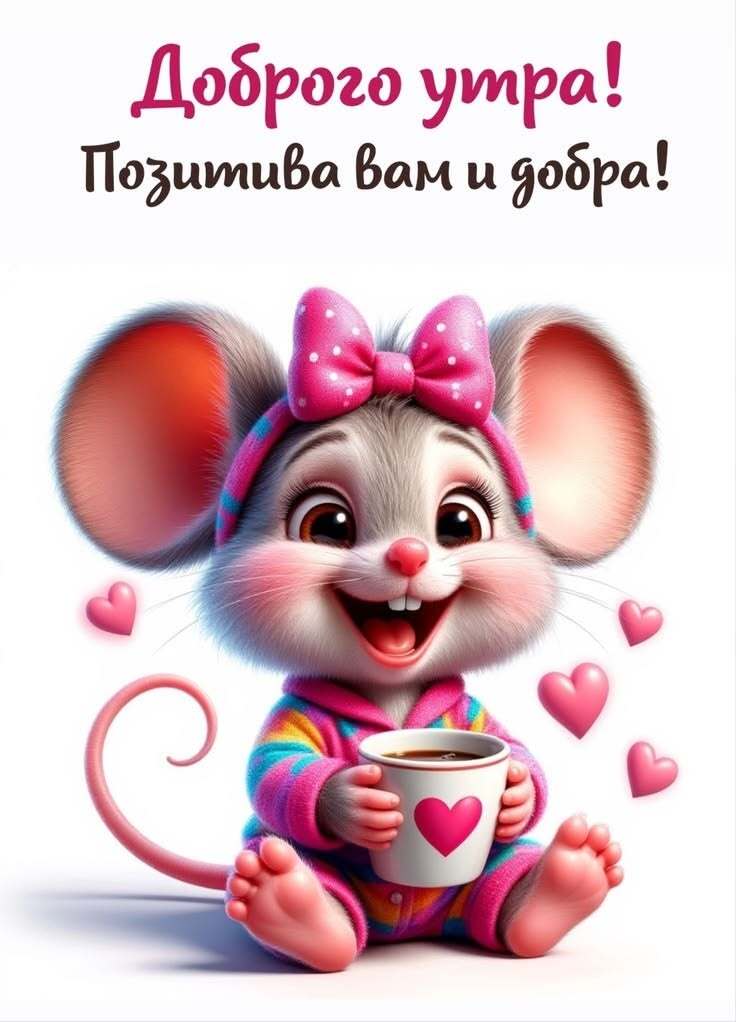 Открытка с добрым утром. Мышка с кофе, сердечки. Открытка с добрым утром. Мышка с кофе, сердечки.