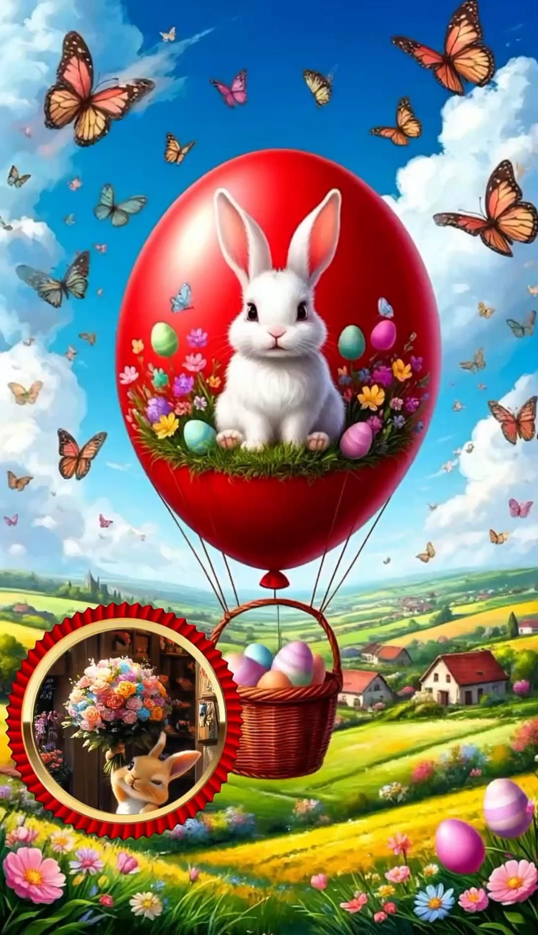 Открытка хорошего дня и настроения. a painting of a bunny in a hot air balloon with flowers and butterflies around it