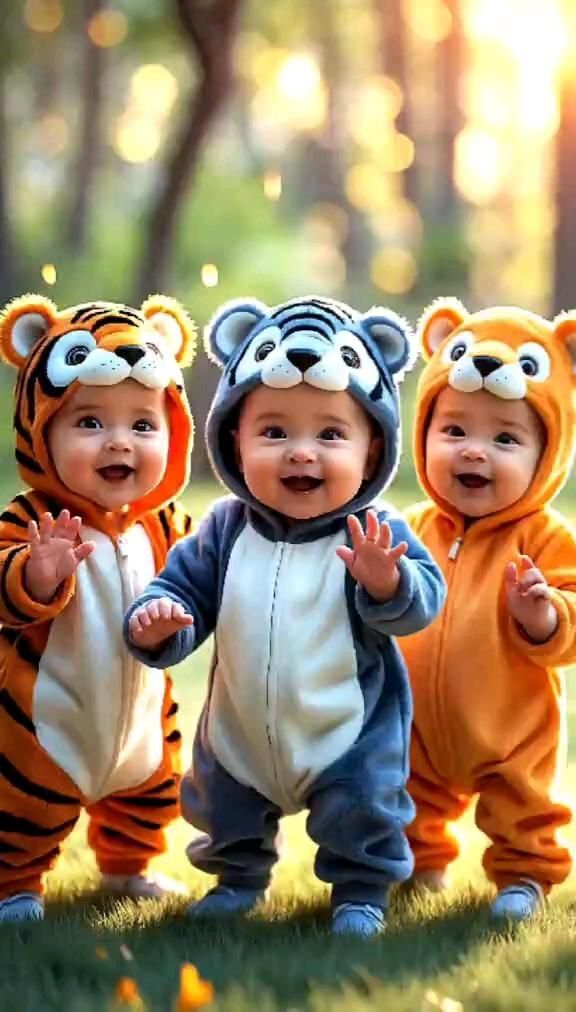 Открытка хорошего дня и настроения. детки малыш three babies dressed up in animal onesuits standing on grass with trees in the background